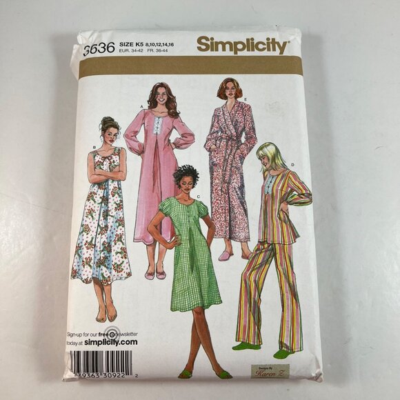 Simplicity 3636 Nightgown Pajamas Robe Karen Z Misses Miss Petite Sz 8-16 UNCUT - Picture 2 of 9